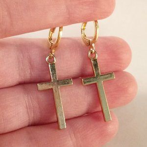 Mens 18K Yellow Gold Plated Cross Dangle Earrings Party Gift